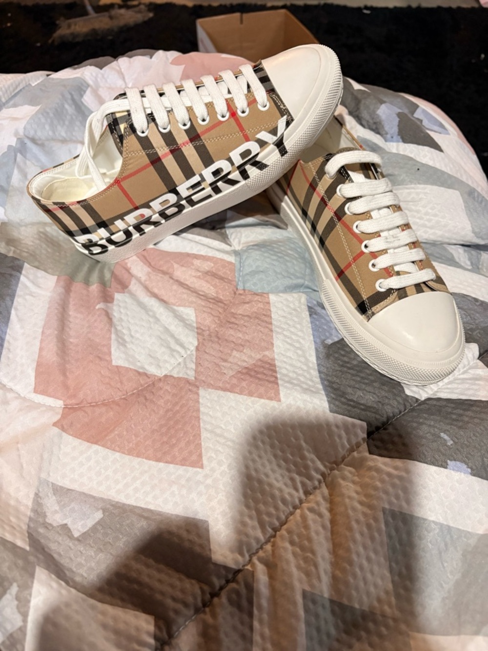 Burberry Beige Plaid Logo Low-Top Sneakers with White Trim